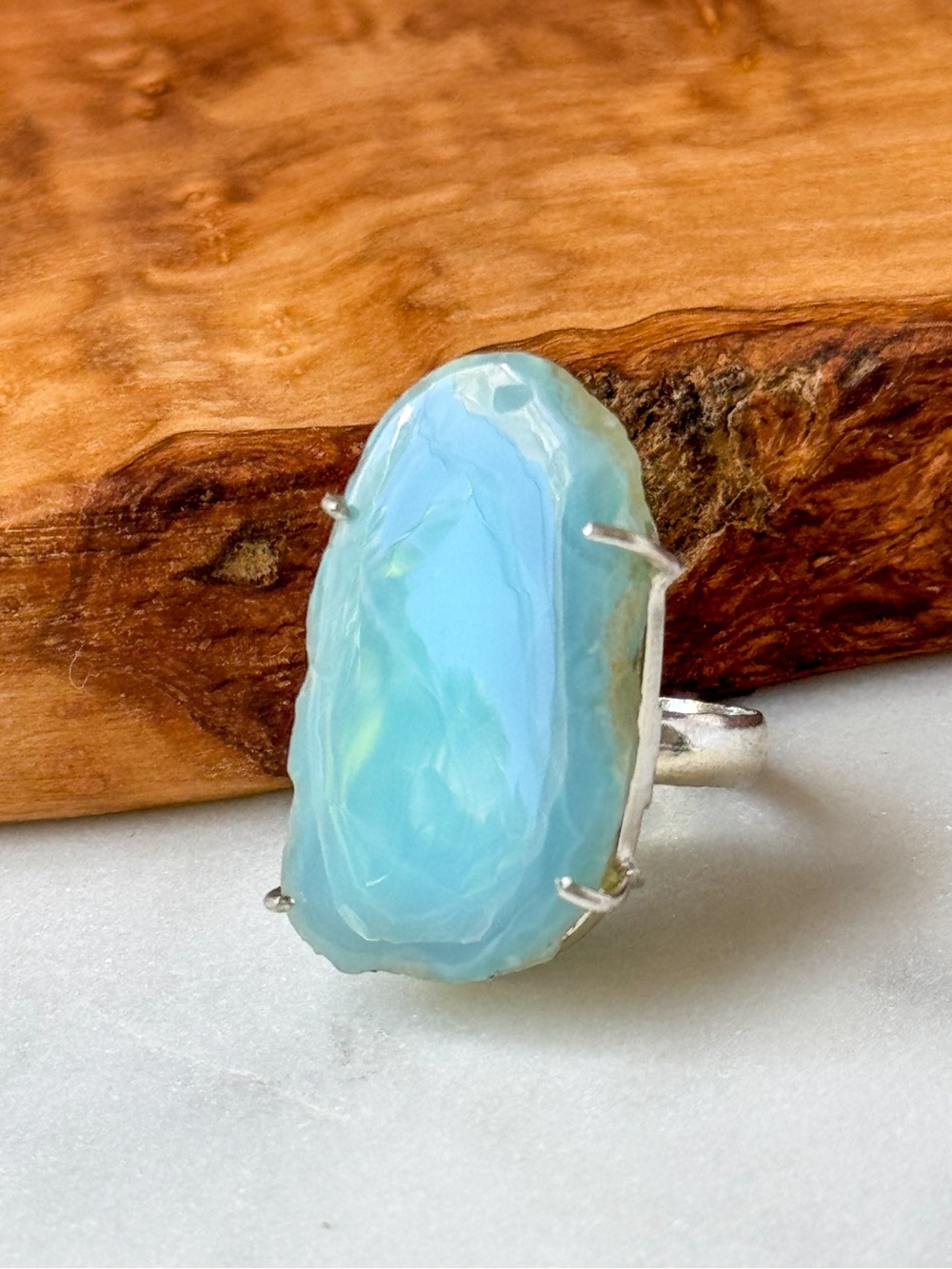 Silver Plated Blue Agate Slice Ring